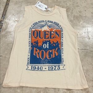 New Project Social T‎ Beige /Blue Sleeveless Queen Rock n Roll Tee Shirt Size XS